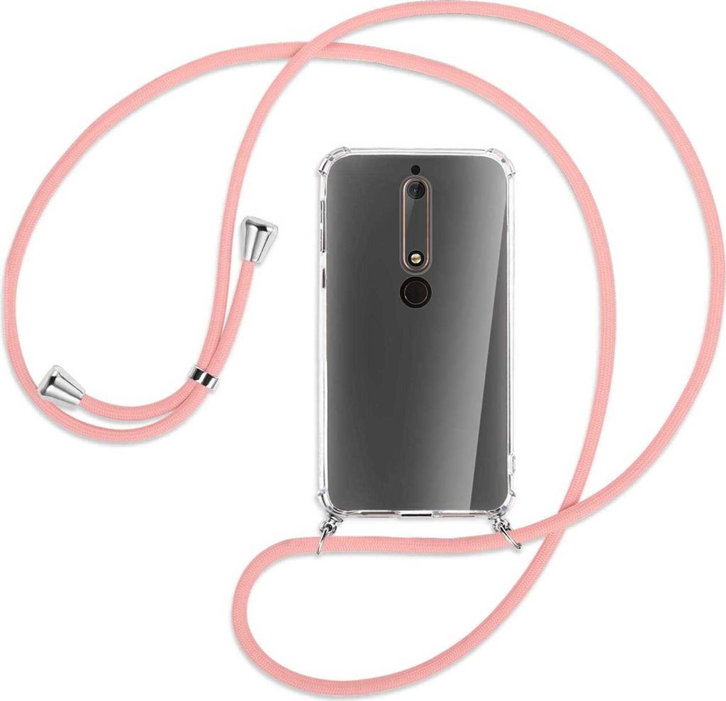 Handykette Backcover-Schutzhülle mit Band (Metall silberfarben) für Nokia 6.1 - rosa