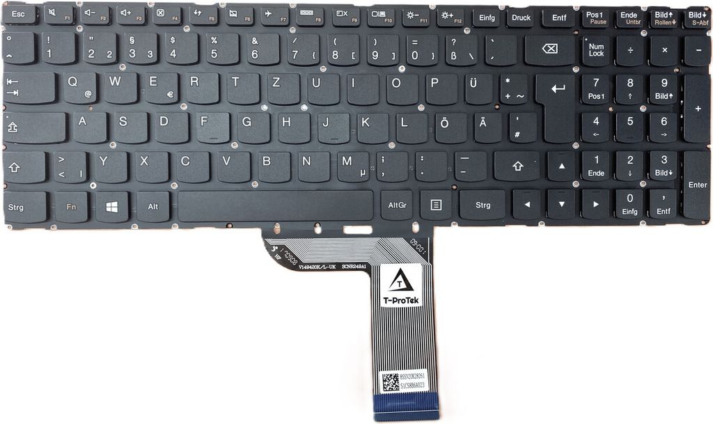 A black laptop keyboard with a ribbon cable attached, shown against a white background.
