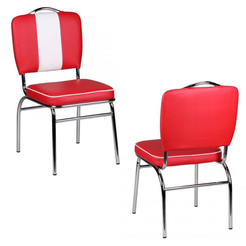 Two red diner-style chairs on a white background.