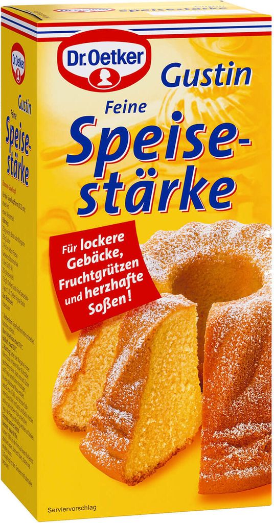 A product box for Dr. Oetker Gustin Feine Speisestärke, featuring images of cakes.