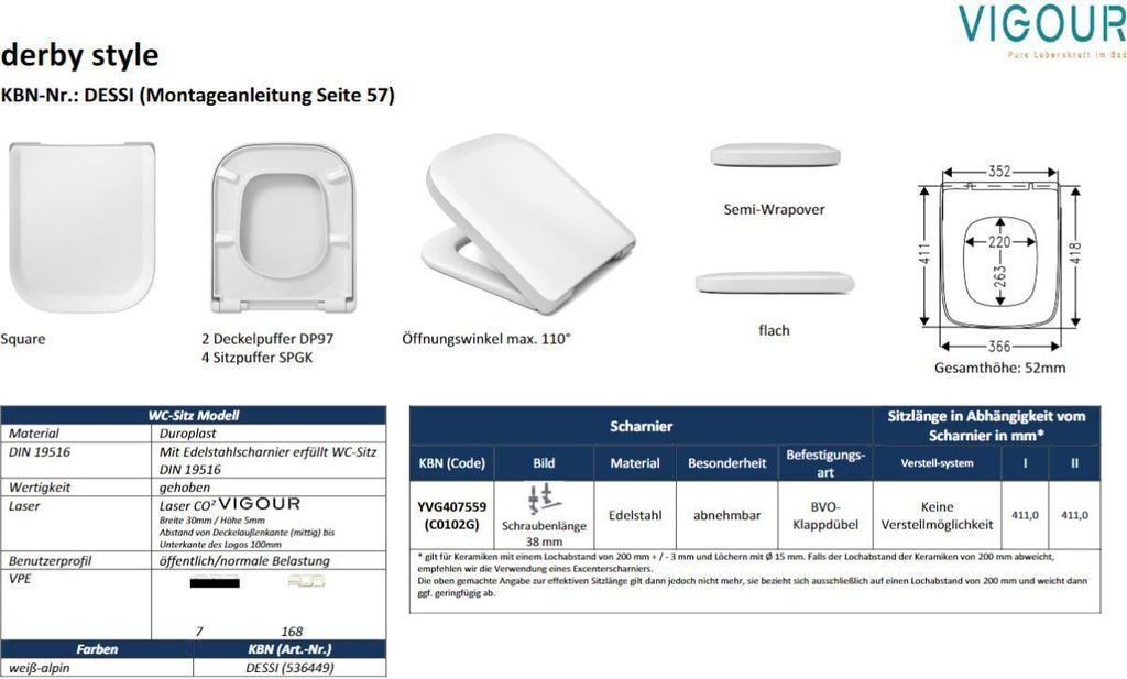 VIGOUR WC-Sitz Derby Style Edelstahlscharnier abnehmbar, Produktbild 9