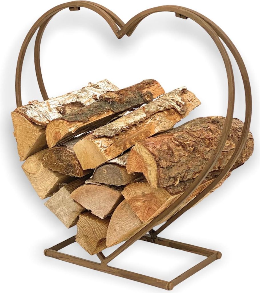 A heart-shaped metal log holder filled with firewood, presented against a white background.