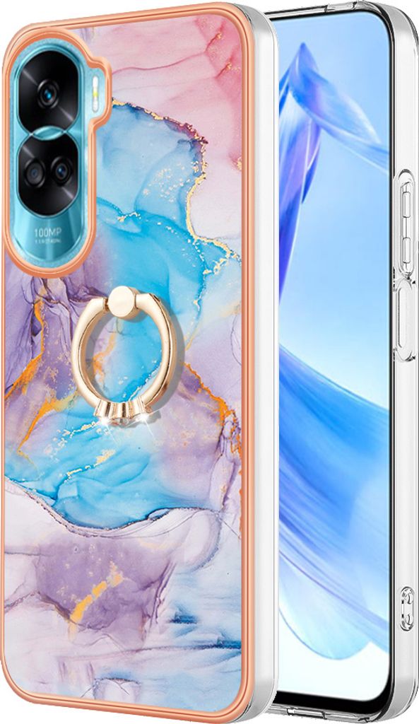 Hülle für Honor 90 Lite 5G Muster TPU Silikon Stoßdämpfer Bumper Schutzhülle mit Ring Ständer Blau