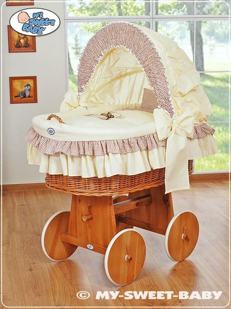 Babybett aus Korbgeflecht mit Kapuze – Kinderbett – Bequemes und natürliches Korbgeflecht mit bewussten Rädern