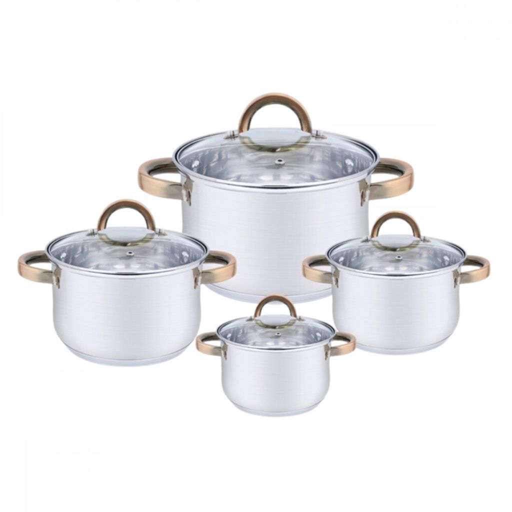 A set of four stainless steel pots with glass lids and gold-colored handles, arranged on a white background.