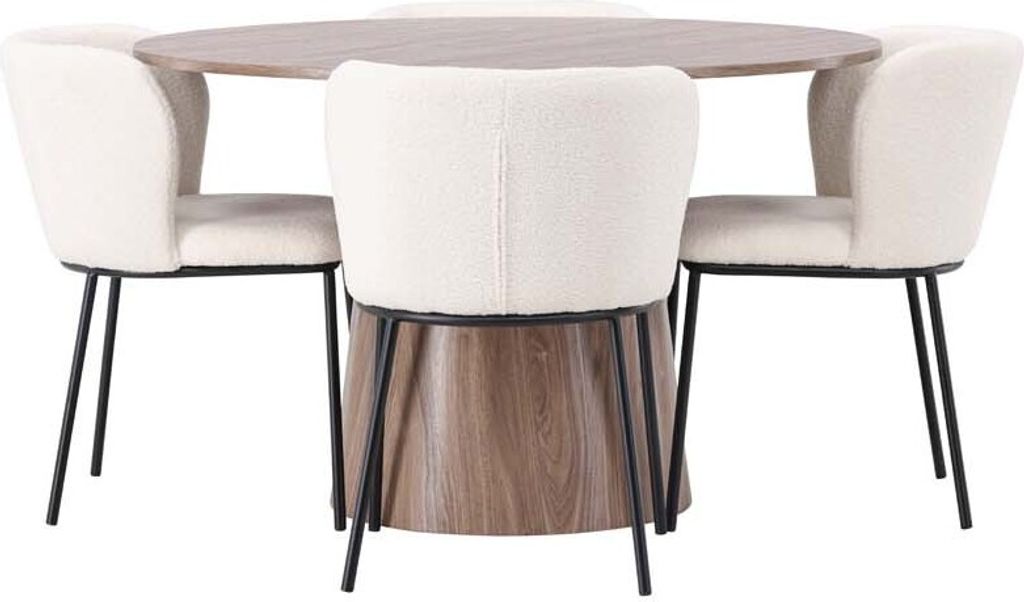 Lanzo Essgruppe Tisch natur und 4 Edina Stühle weiß.