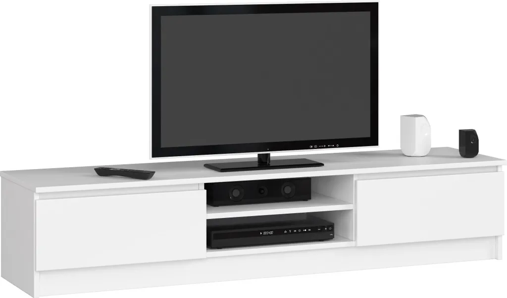 Meuble TV blanc 160 cm CLP avec 2 portes et étagères pour salon moderne
