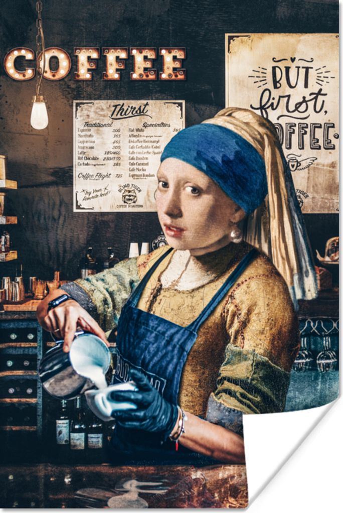 MuchoWow Poster Mädchen mit Perlenohrring - Bearbeitetes Gemälde - Barista - Vermeer - Kaffee - Cappuccino 40x60 cm - Plakate für die Wand - P...