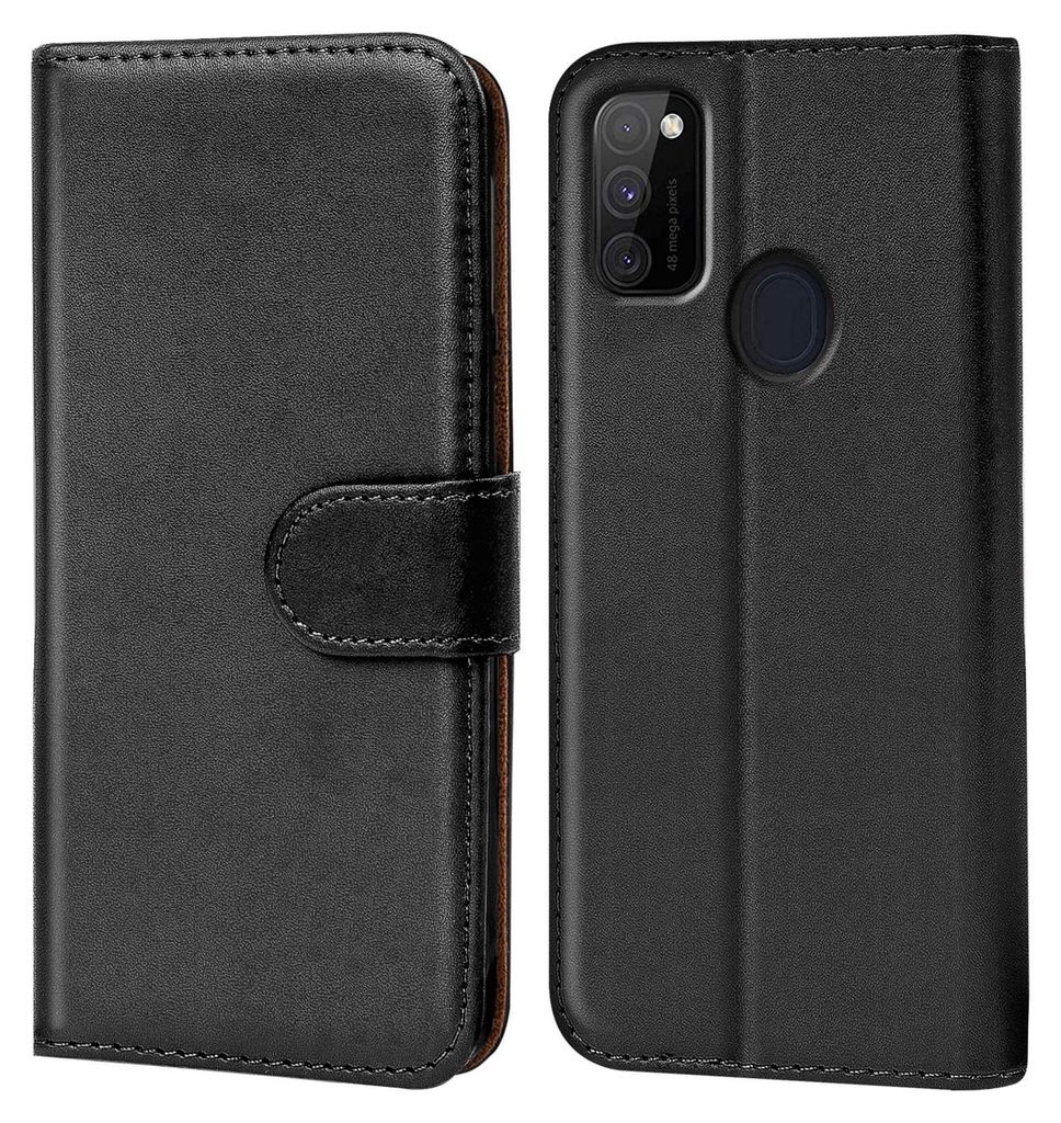 A black flip case for a smartphone, shown from the front and back.