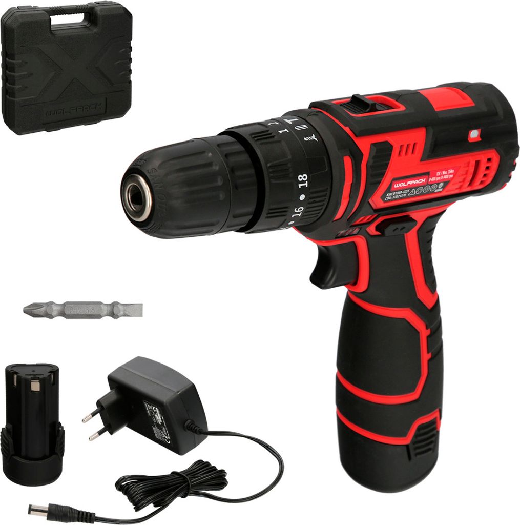 Wolfpack Taladro Atornillador 12 V. Con 2 Velocidades y Percutor. Bateria 1.300 mAh. Par Apriete 35 Nm.