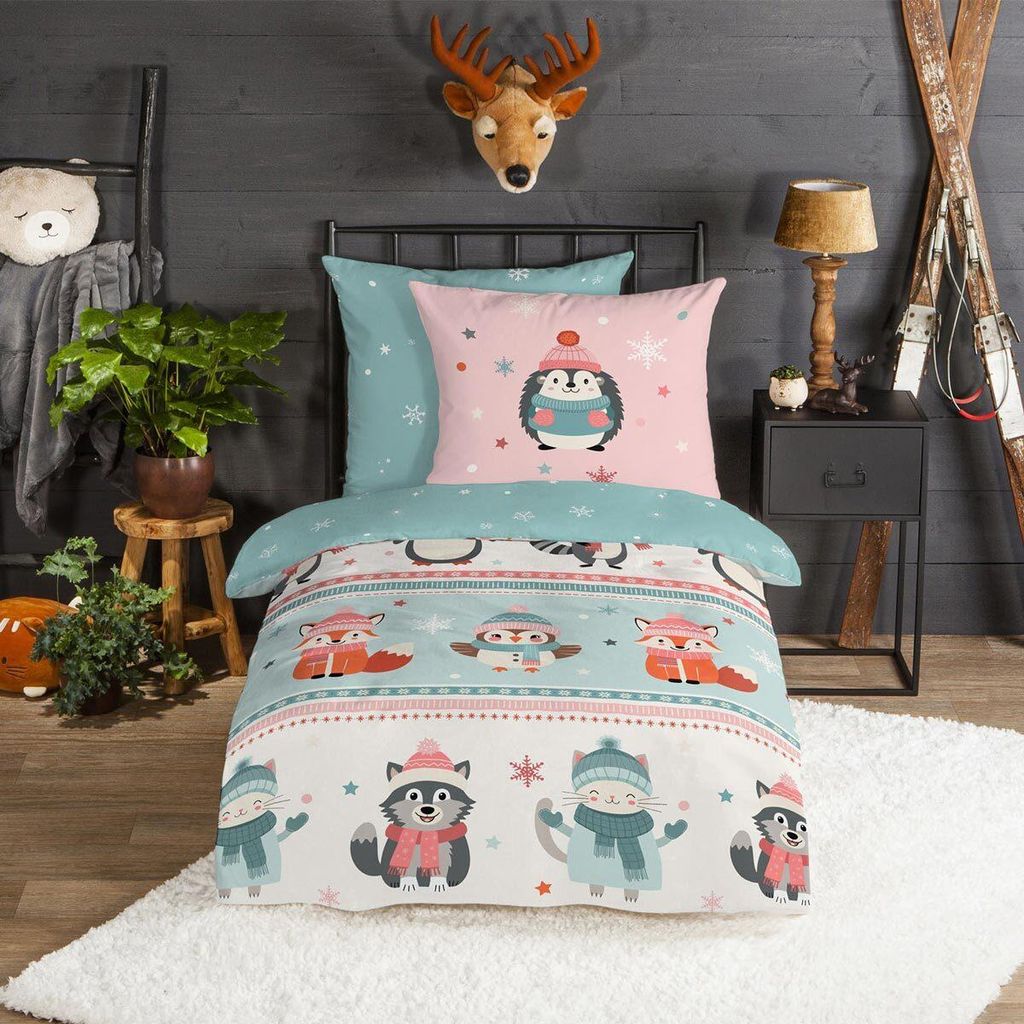 Traumschlaf Flanell Bettwäsche Winterliche Tierfreunde 155x220 cm + 80x80 cm