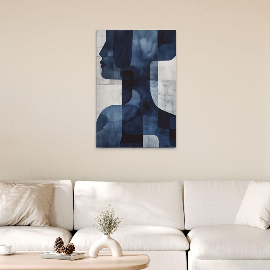 TADESSI Leinwandbild Abstraktes Gesicht - Wandbild 60 x 90 cm - Kunstdruck auf Leinwand in Blau Weiß - M1-No.52092