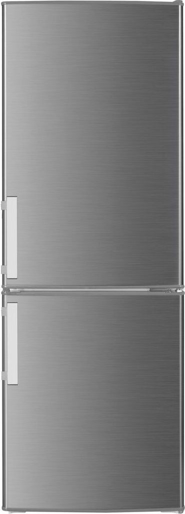 A front view of a stainless steel refrigerator with two doors.