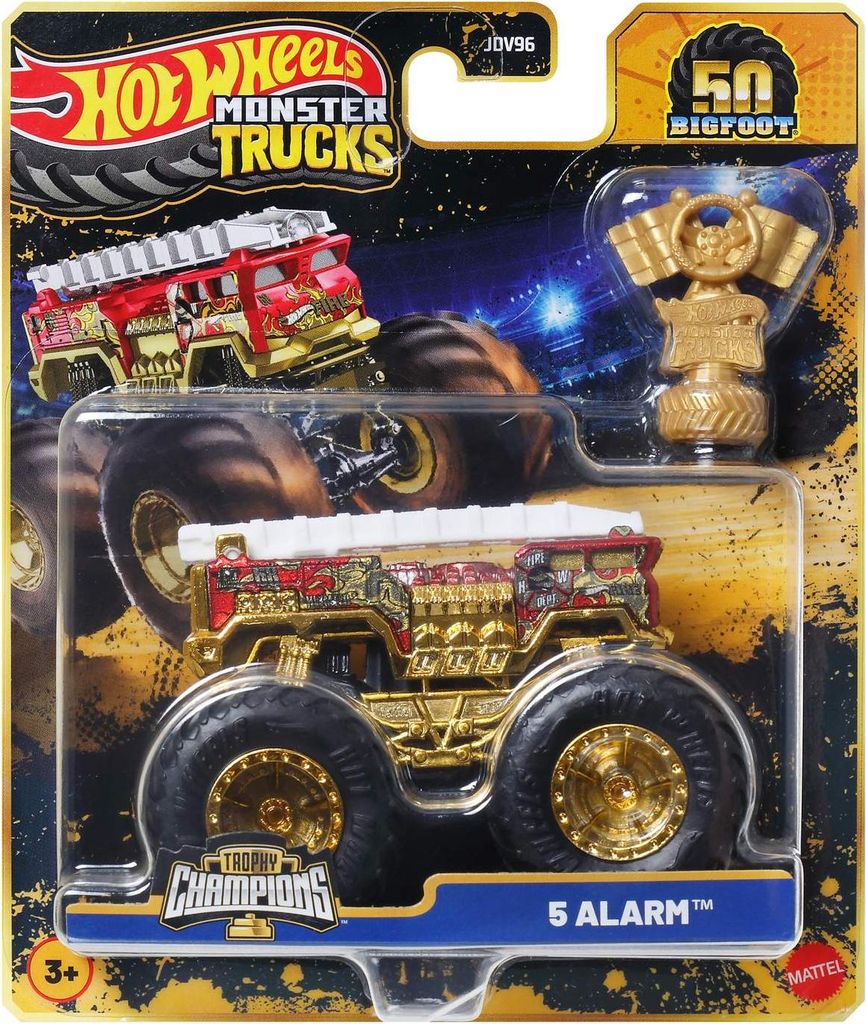 A Hot Wheels Monster Trucks '5 Alarm' toy truck in its packaging, with a trophy accessory.