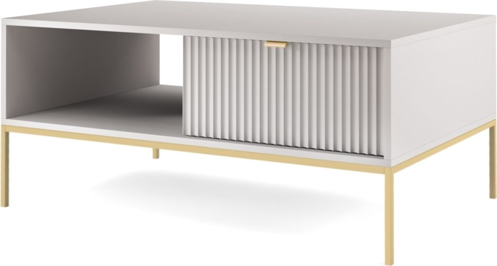 Couchtisch 100 cm Galla - Kaffeetisch mit Schublade - Beistelltisch mit Metallgestell ,geriffelten Fronten & goldene Griffe (Grau + Gold)