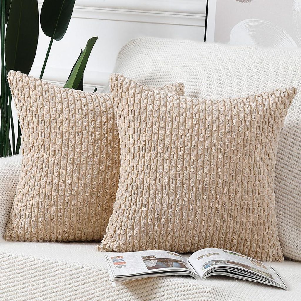 Set mit 2 gestreiften Boho-Kissenbezügen, weiche Cord-Dekokissenbezüge für das Sofa im Schlafzimmer, beige, 55 x 55 cm