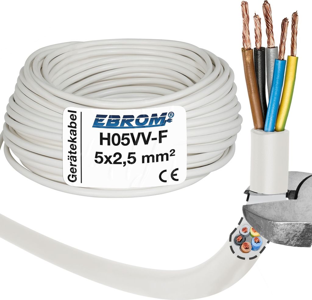 EBROM - 35 Meter Herdanschlussleitung H05VV-F 5G2,5 mm2 - 5x2,5 mm2 - weiß - geschnitten