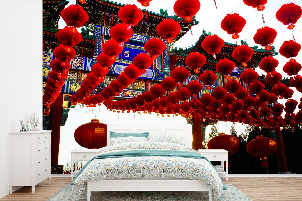 MuchoWow Fototapete für Wohnzimmer oder Schlafzimmer Wandtapete Vinyl Motivtapete Rote Laternen in Peking - 330x220 cm - Fototapeten