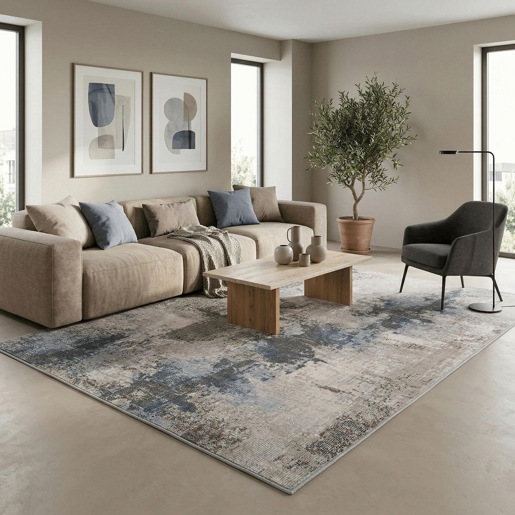 Indoor Outdoor Teppich Lagos Vintage Blau Grau Verlauf, Größe:80x150 cm