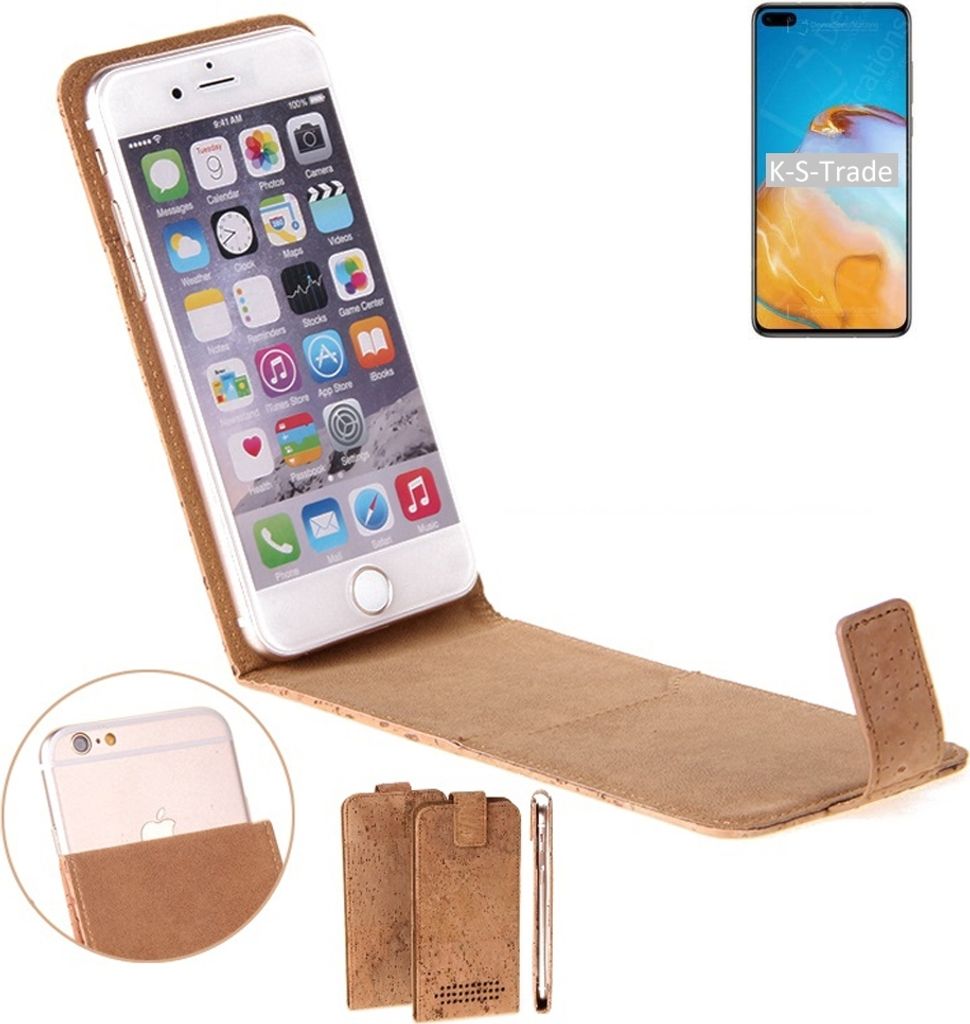 K-S-Trade Handyhülle kompatibel mit Huawei P40 Kork Hülle Flipstyle Case Schutzhülle Kork Case Hülle Flip cover Klapphülle Klapp, braun 1x