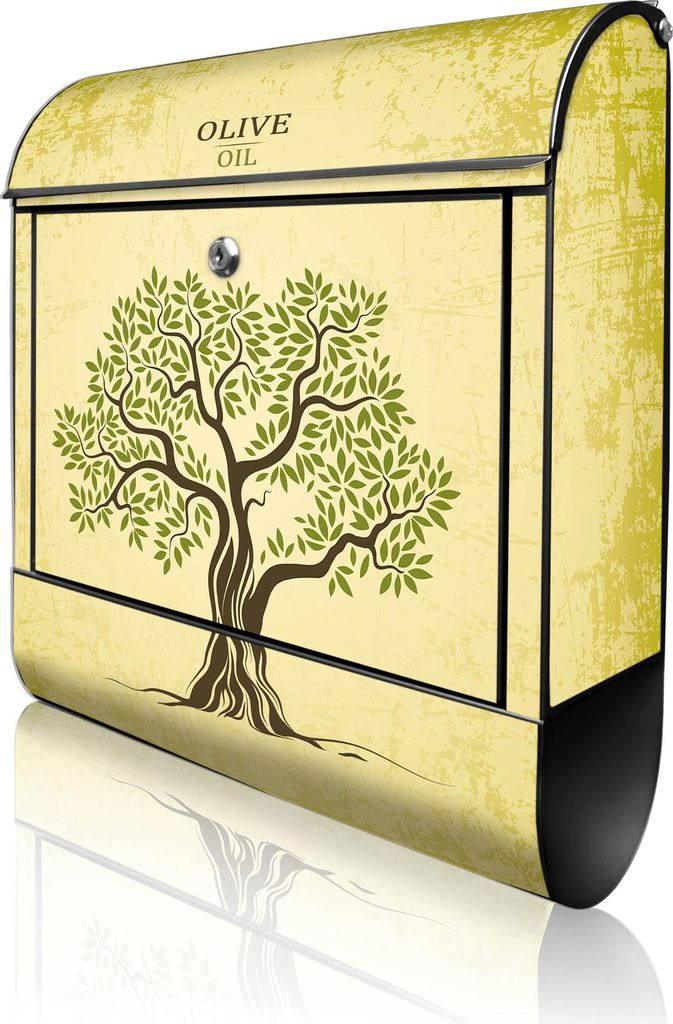 banjado Design Briefkasten Stahl schwarz mit Zeitungsfach pulverbeschichtet "Olivenbaum" 38x46x12,5cm & 2 Schlüssel - Postkasten A4 Einwurf inkl. ...
