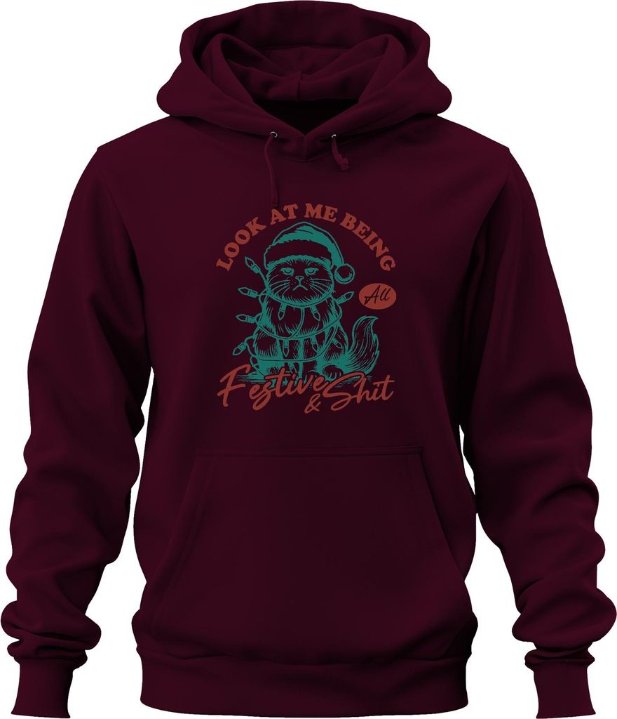 Look At Me Being All Festive And Shit Grumpy Cat Weihnachten Uni Hoodie Kapuzenpullover, Burgundy, L