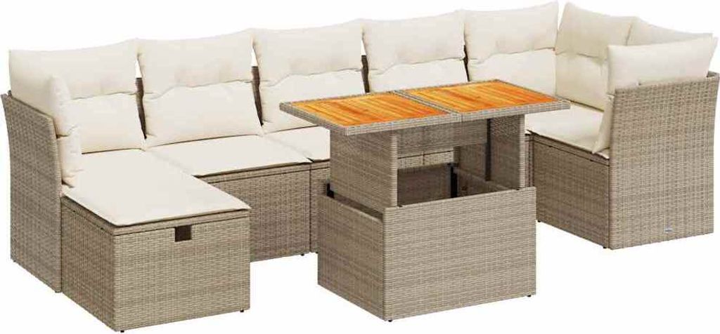 vidaXL 8-tlg. Garten-Sofagarnitur mit Kissen Beige Poly Rattan Akazie