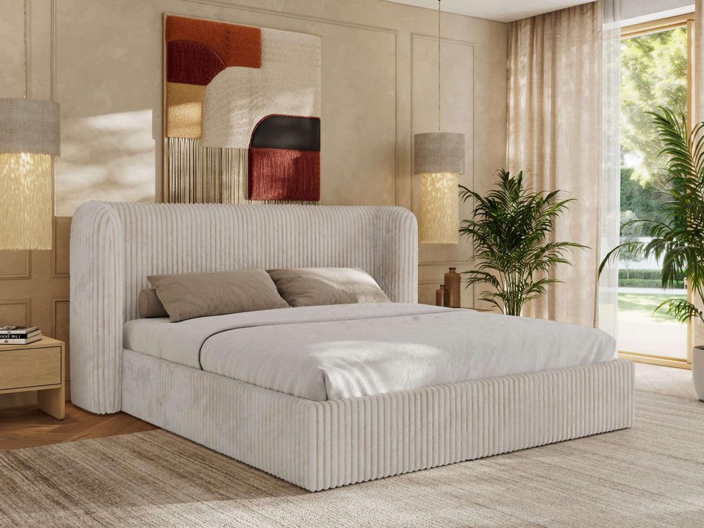 MKS MEBLE Doppelbett Polsterbett EMORA CLASSIC Bett Holzgestell hohes Kopfteil Foam Matratze MIRO LUX 160x200 Beige Cord