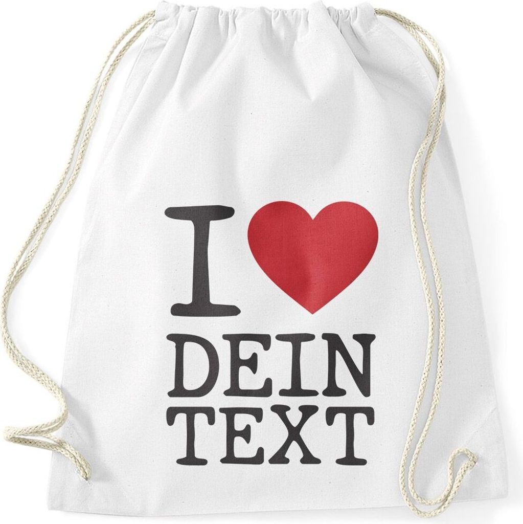 Turnbeutel Spruch I love rotes Herz anpassbarer Text individualisierbares Motiv Moonworks weiß unisize