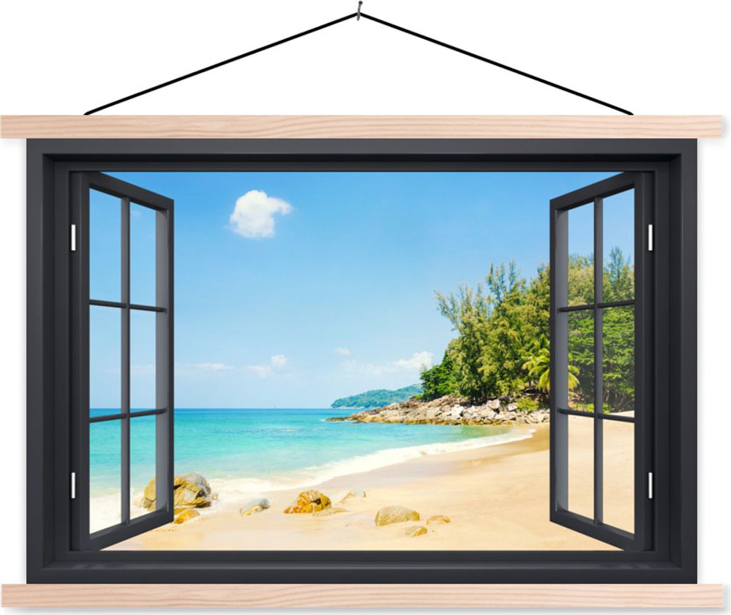 MuchoWow Textilposter Durchsichtig - Strand - Schwarz 150x100 cm mit holzfarbenen Rahmen - Posters
