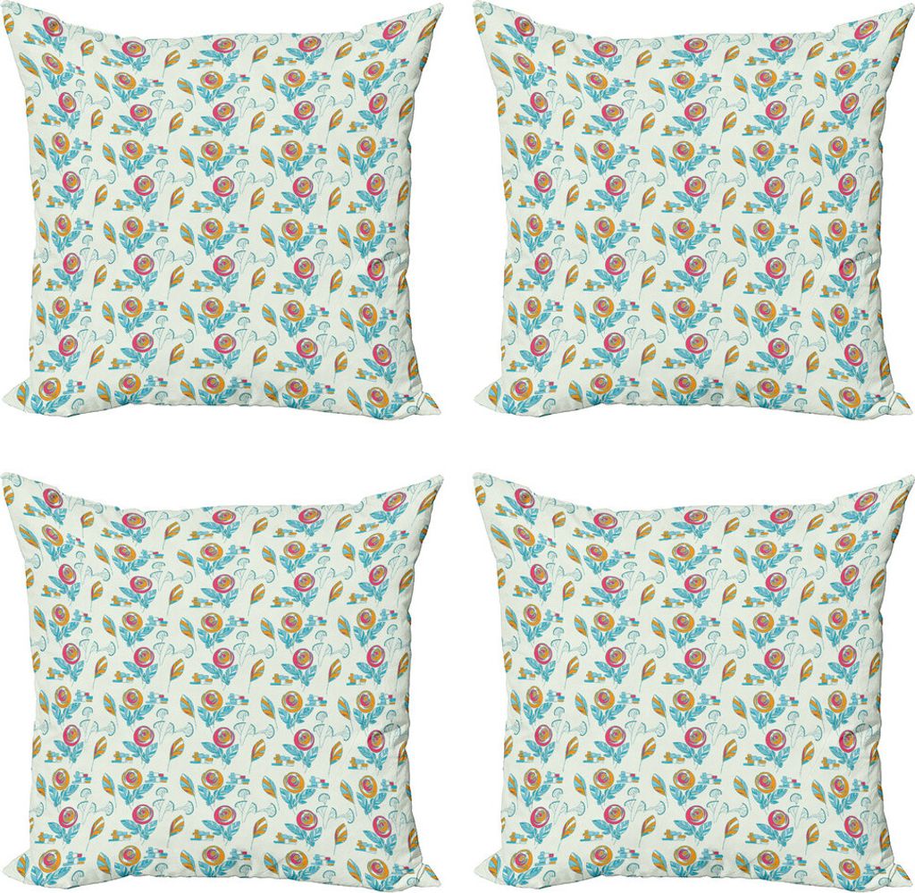 ABAKUHAUS Blume Kissenbezug Set (4 Stück), geometrisch, Moderner Doppelseitiger Digitaldruck, 40 cm x 40 cm, Pale Blau Orange