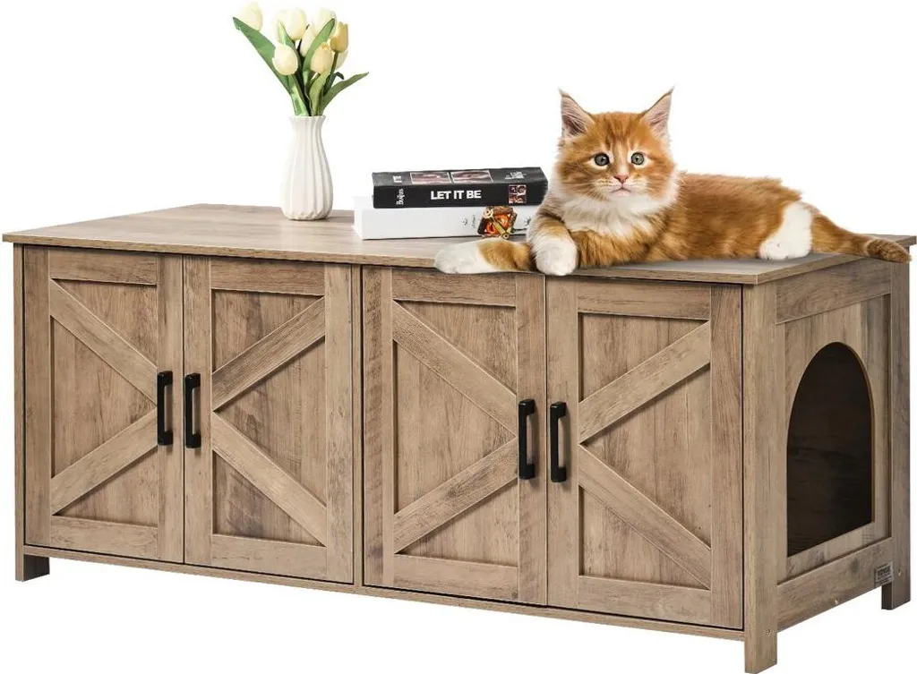 Meuble litière chat caché 2 pièces en bois grège design discret