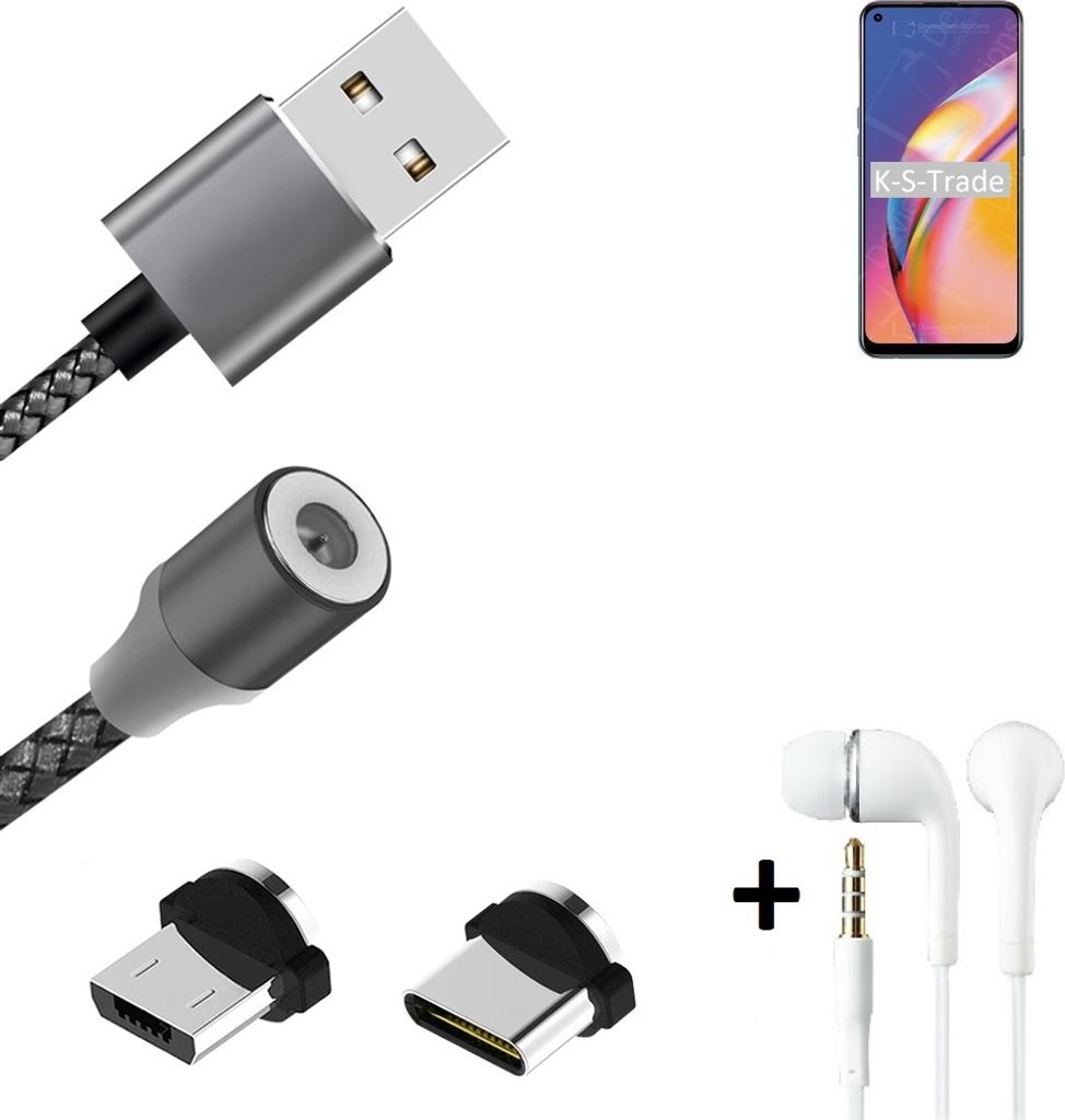 K-S-Trade Hochwertiges Magnet-Lade-kabel Sync-Kabel Daten-Kabel + Kopfhörer für Oppo Reno5 F mit USB-Typ-C-Anschluss und Micro-USB-Anschluss 2A