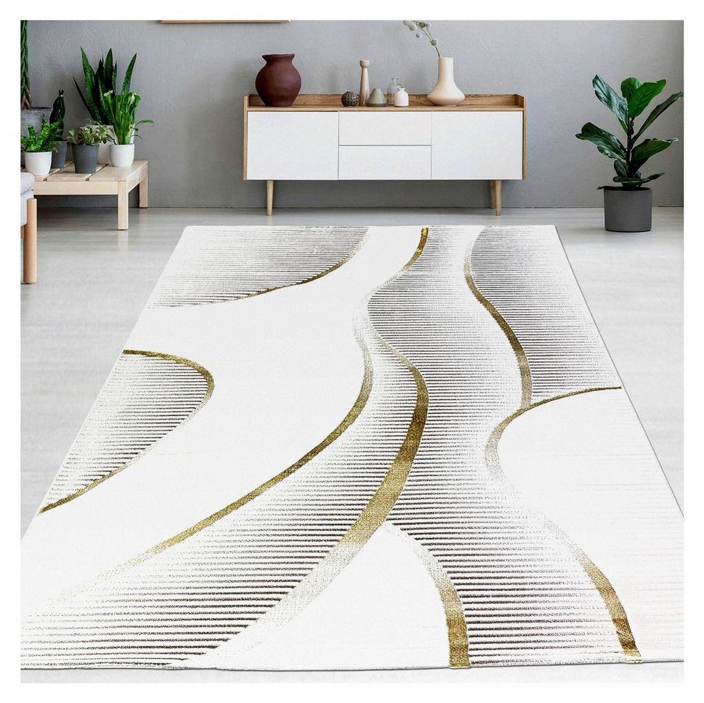 Teppich für Wohnzimmer und Schlafzimmer, Kurzflor, geschwungene Linien, modern, elegant, Glanzeffekt, Creme Gold, 160 x 230 cm