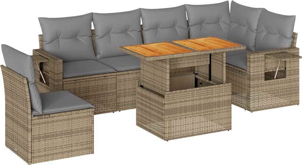 vidaXL 7-tlg. Garten-Sofagarnitur mit Kissen Beige Poly Rattan