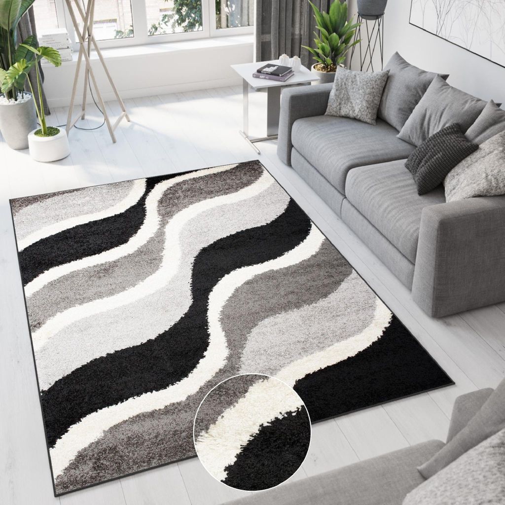 Teppich Wohnzimmer Schlafzimmer Modern Design Shaggy Hochflor Langflor Grau Schwarz 60 x 100 cm