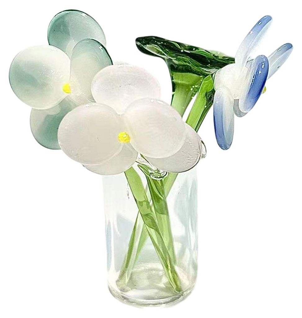 1 Set Glasblumenstrauß mit Vase, mundgeblasene Mini-Blumendekoration für Wohnzimmer, handgefertigtes künstliches Blumenornament mit Stiel