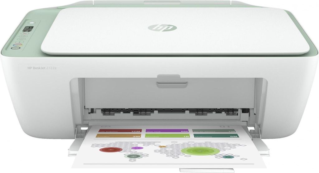 A white and green HP DeskJet 2722e printer is shown from the front with its paper output tray open and a document partially printed.