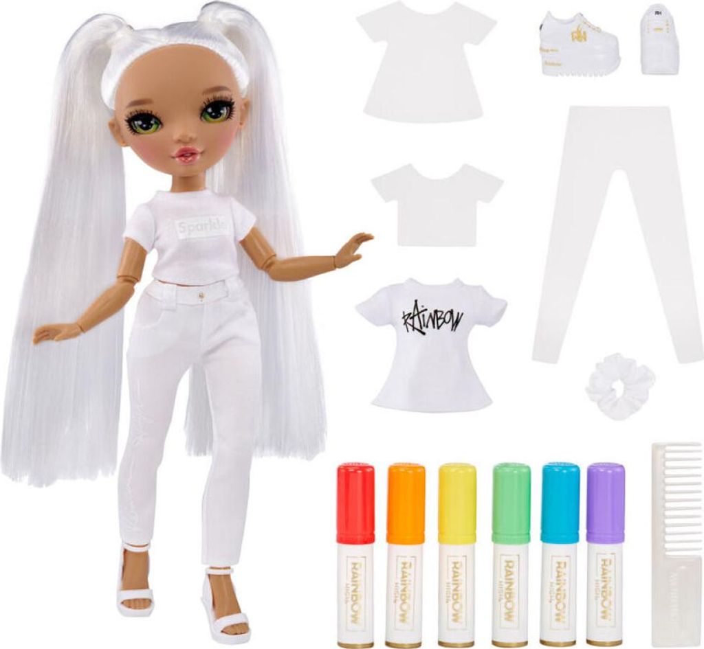 A doll and its accessories are laid out on a white background.
