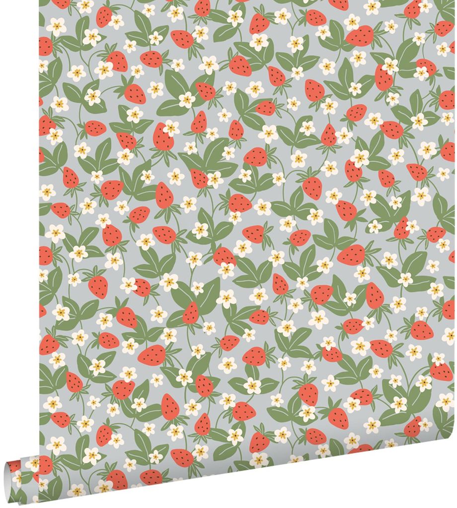 ESTAhome Tapete Erdbeeren Blau, Grün und Rot 50 x 900 cm