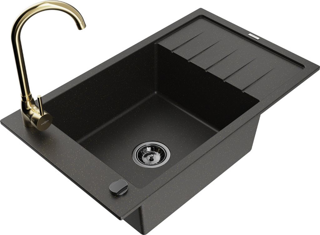 Mexen Elias 1 Becken-Granitspüle mit Abtropffläche und Mischbatterie Telma, Schwarz/Gold - 6511-75-670200-50-B