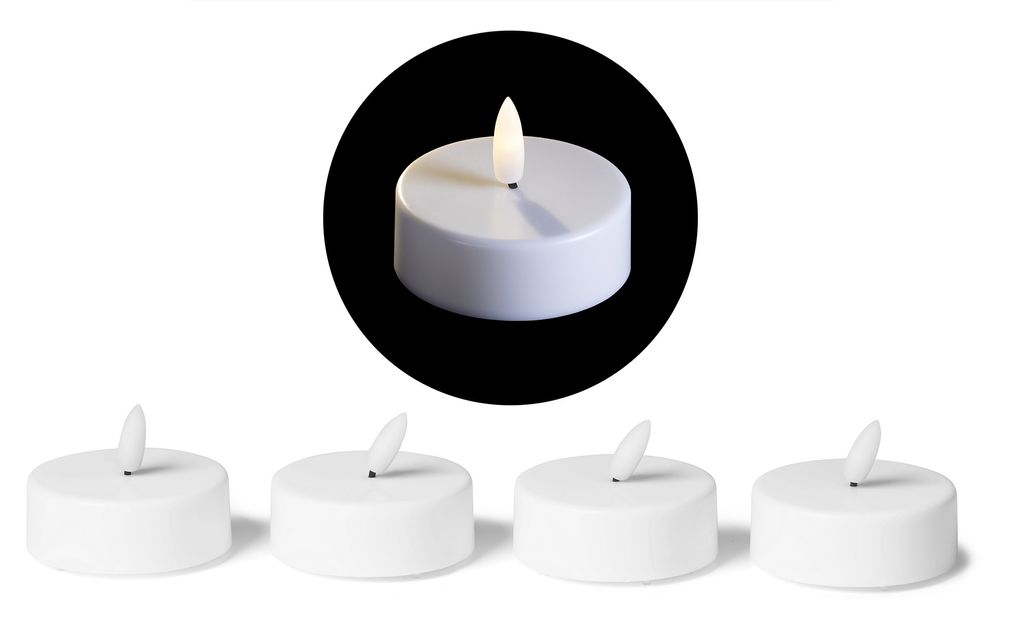 LED Teelicht groß mit Timer - 4er Set Warmweiß LED Kerze 3D Flamme flackernd - LED Teelicht groß 5,8cm Weiß Kunststoff 1x Batterie CR2032 benö...