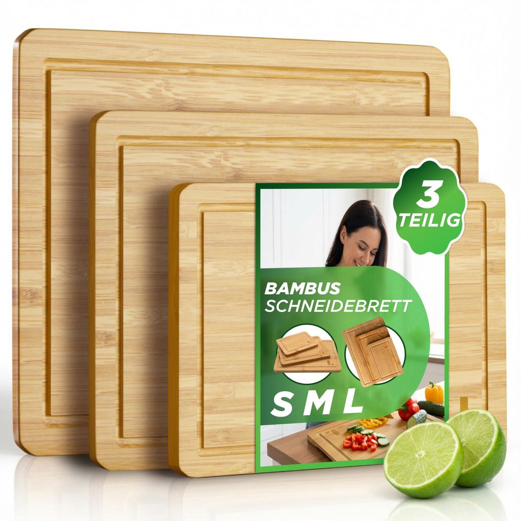 Schneidebrett-Set aus Bambus – 3-teiliges Küchenschneidebrett-Set aus Holz, antibakteriell und umweltfreundlich, geeignet für Messer | Groß, m...