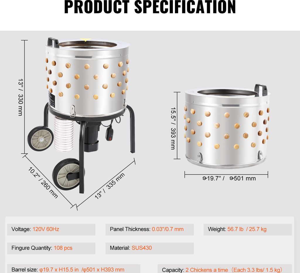 Produktbild von Edelstahl Hühnerrupfmaschine – Automatisch, Für Küken Und Kleine Vögel (0,5 Kg), Inkl. Federabwurftrog
