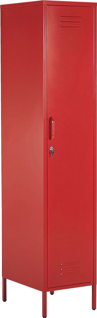 BELIANI Metallschrank Rot Stahl 185cm hoch Modern mit abschließbarer Tür Kleiderstange 2 Türhaken 5 Fächern Wohnzimmer Schlafzimmer Flur Büro ...