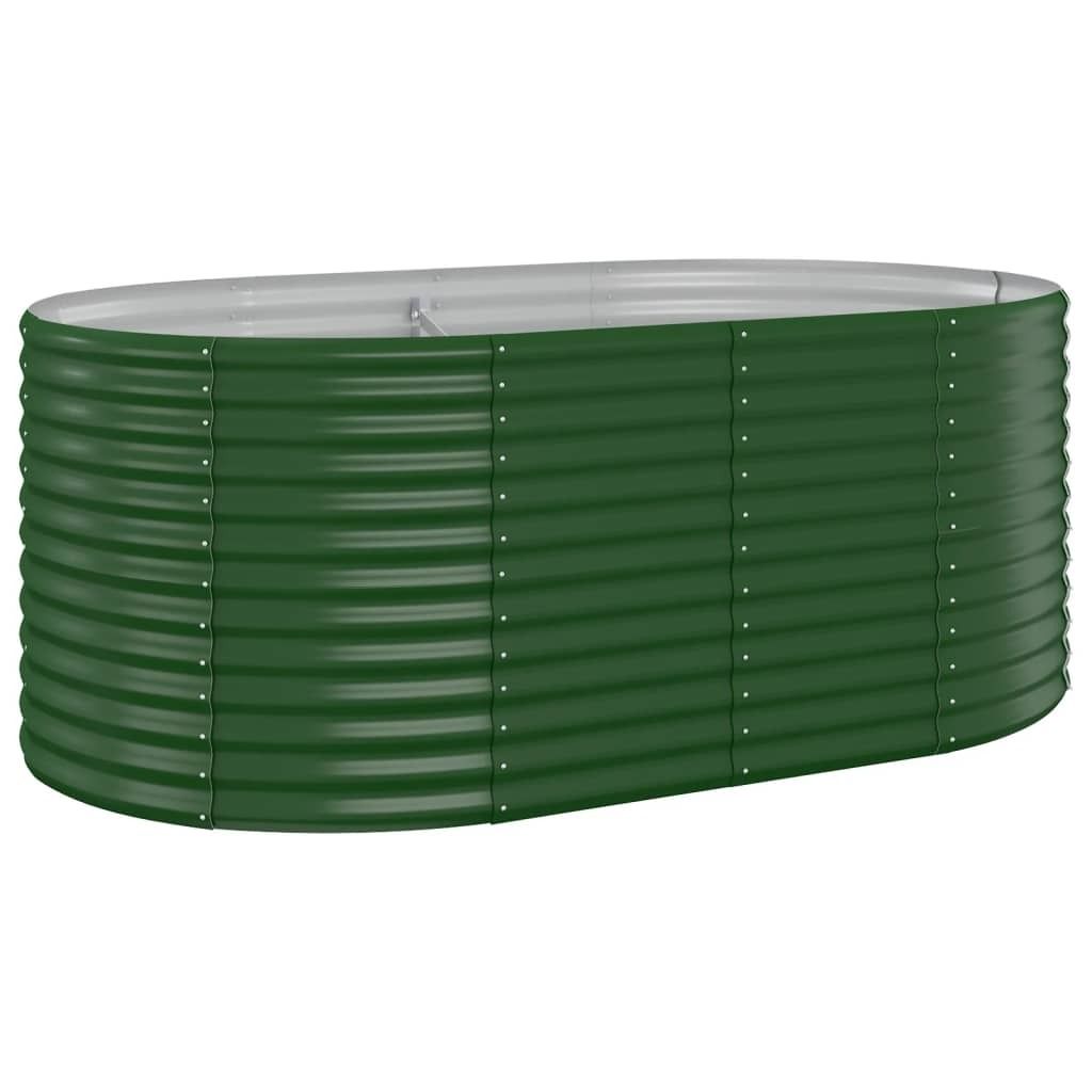 A green corrugated metal raised garden bed on a white background.