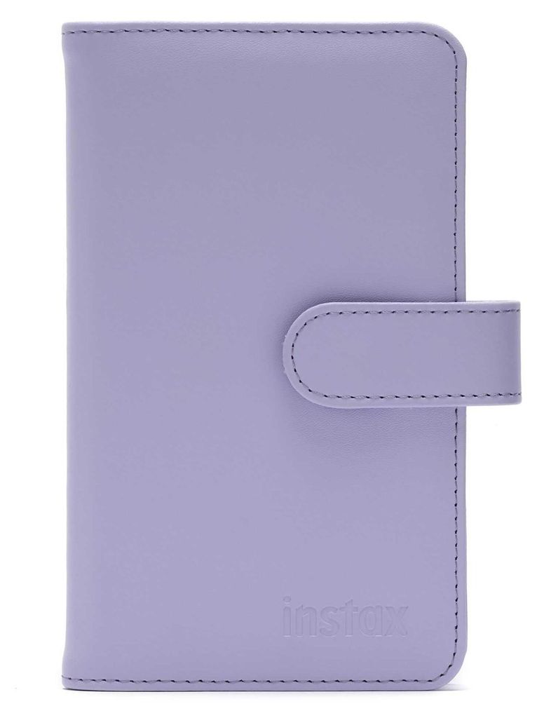 A lilac-purple Instax Mini album is shown against a white background.