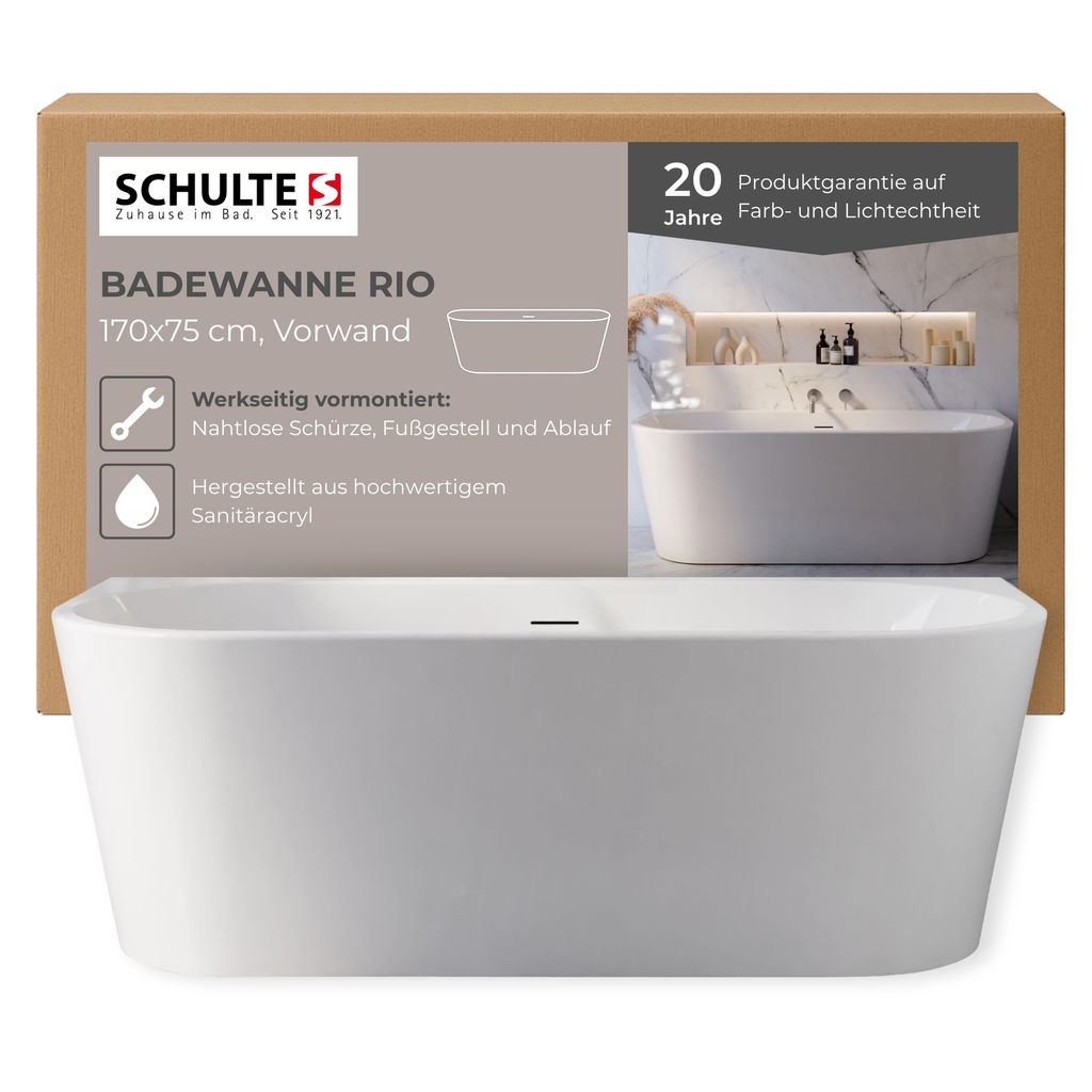 Schulte Badewanne 180x80 cm Komplettset mit vormontierter Schürze, Fußgestell und Ab- und Überlauf, Freistehende Badewanne Rio weiß Acryl