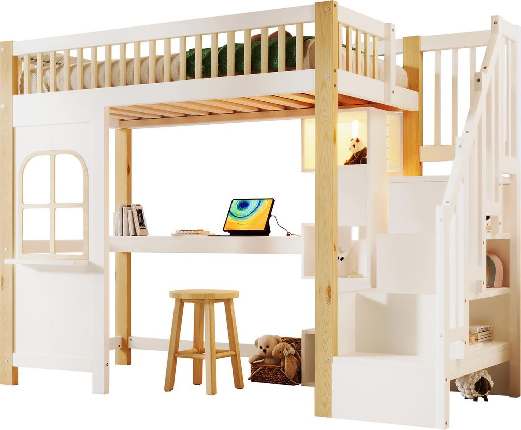 A loft bed with a desk and stairs.