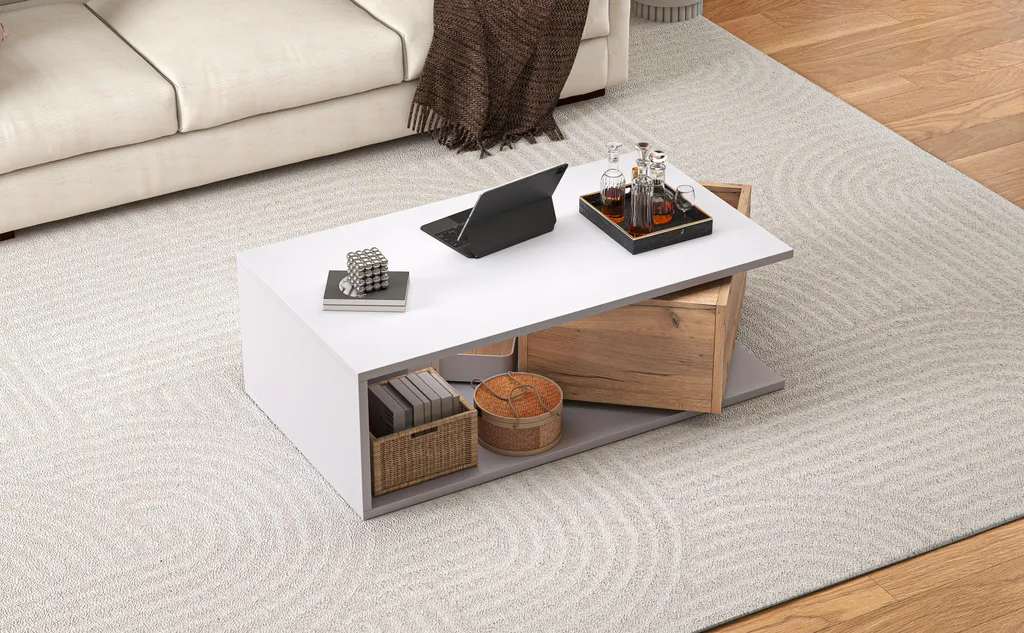 Fortuna Lai 90*50*30 cm Tavolino da caffè, cassetto girevole a 360°, tavolino con 1 cassetto, tavolino da salotto lucido con vano portaoggetti aperto, tavolino da divano, tavolino ausiliario, bianco + colore legno - 8